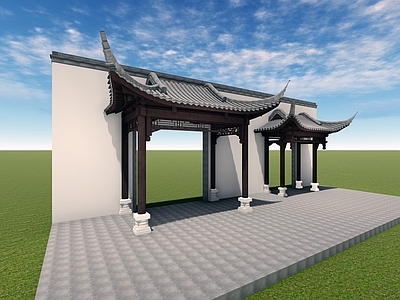 中式古建古建筑 大门 水榭 木结构 亭子 垂花门
