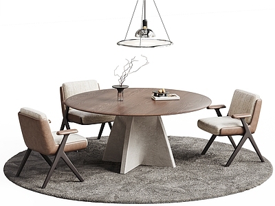 中古风餐桌椅 Minotti 实木石材圆桌餐桌 皮革布艺扶手餐椅 现代吊灯花瓶果盘 豪宅别墅餐厅桌椅