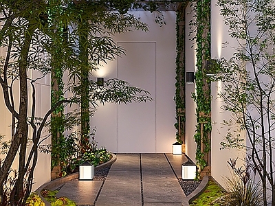 新中式景观廊架空间 现代别墅庭院过道 院子绿植葡萄架 庭院植物木架