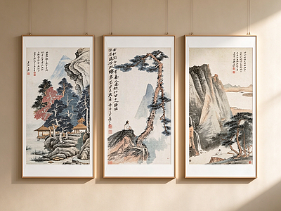 新中式山水画 国画山水三联画
