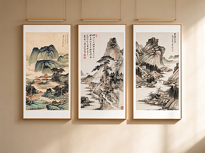 新中式山水画 茶室山水组合画 国画