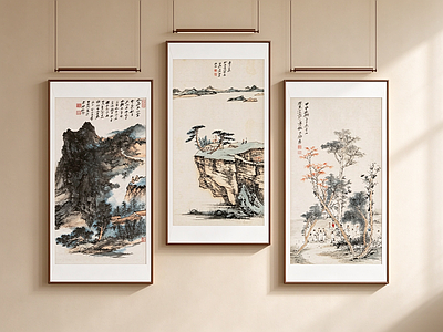 新中式山水画 国风三联挂画 写意山水三联画