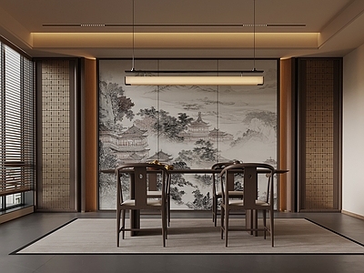 新中式家居餐厅 餐桌椅 背景墙