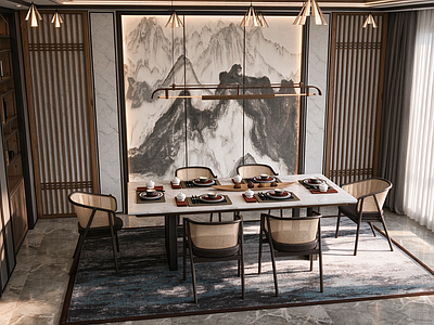 新中式家居餐厅 家具 吧台 六人桌