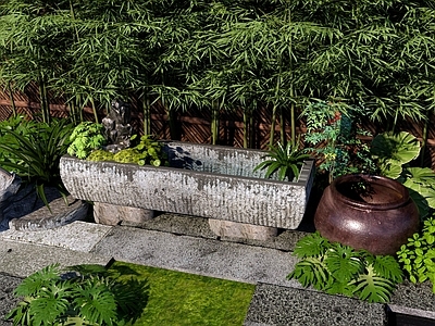 新中式景观庭院小品 老石槽造景 庭院植物造景 新中式庭院水景 禅意庭院小品 竹林苔藓造景
