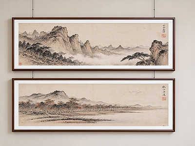 新中式山水画 展厅挂画组合 国画组合 写意装饰画组合 办公室装饰画