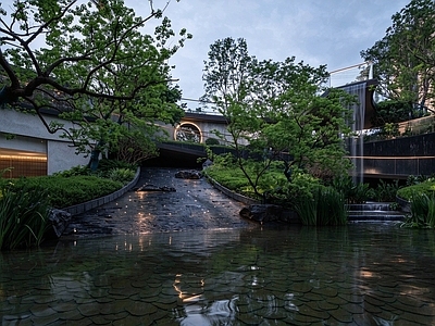 跌水景观 新中式流水庭院 新中式跌水廊架