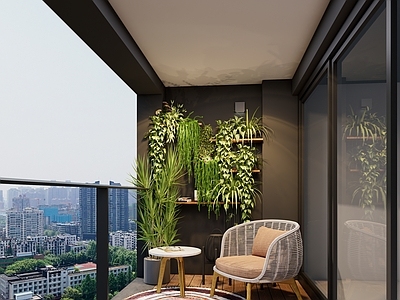 现代简约家居阳台 现代休闲阳台 景观阳台功能阳台 绿植花卉吊篮 休闲椅沙发 洗衣机阳台柜
