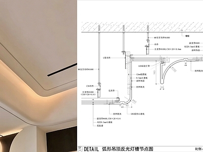 GRG吊顶节点 GRG弧形吊顶 弧形吊顶反光灯槽 轻钢龙骨吊顶节点 双弧形吊顶节点