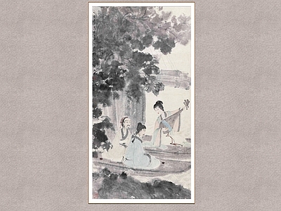 中式字画 抚琴图 傅抱石 仕女图 人物画