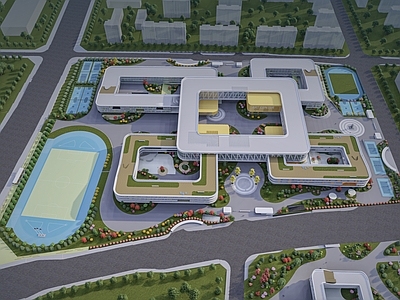 现代主义学校建筑 现代主义学校建筑 教育校园景观 学校建筑 现代学校带操场 现代中小学学校