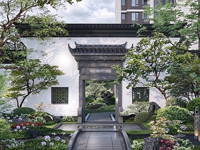 景墙 中式门洞马头墙 中式仿古门头景墙 中式花窗门头景墙