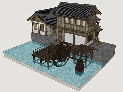 中式古建古建筑 古代水车人家 古代民居建筑 滨水民居建筑