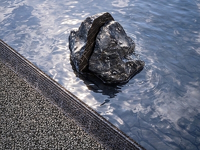禅意滨水景观 镜面水池 造型石头 跌级流水