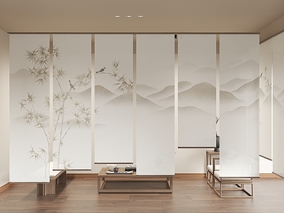 新中式茶室 新中式禅意纱帘 梅花纱帘 水墨画纱帘 茶室卷帘 新中式卷帘