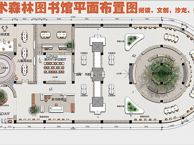 图书馆 图书馆平面布置图 创意图书馆彩平图 艺术森林图书馆 现代亲子图书馆 多元化图书馆平面