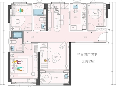 小户型平层 93平小户型 三室两厅户型优化 户型PS彩平图 家装小户型平面图