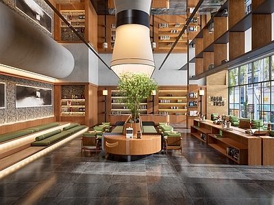 现代书店 架空层艺术图书馆 高端文创创意书店 咖啡书店阅读中心 书店大型绿植卡座 书店书架展台组合