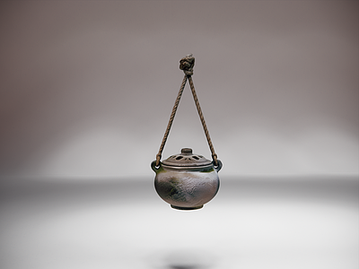 侘寂其他摆件 侘寂麻绳悬吊香炉 苔痕岩陶悬挂香炉 做旧苔斑岩陶香炉 风化岩陶悬挂香器