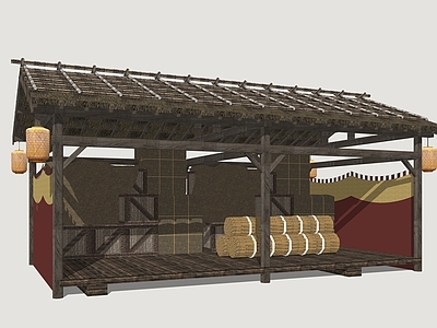 中式古建古建筑 古代货物仓库 古代粮草 军事粮草仓库 古代凉亭 茅草亭