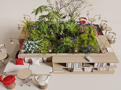 原木风花境 花池 植物堆 卡座 书柜 休息区卡座