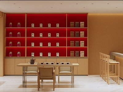 原木风茶叶店 原木风格茶叶展厅 茶叶展示柜 水吧