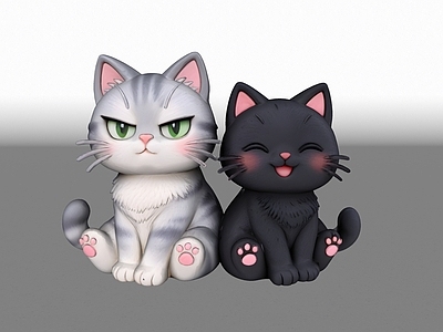雕塑摆件 卡通黑白双猫潮玩 Q版猫咪盲盒 黏土小猫摆件 双子猫咪公仔 治愈系猫仔手办