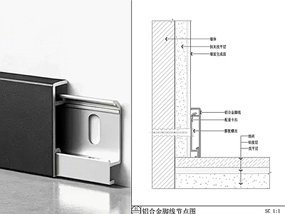 踢脚节点 铝合金脚线节点图 金属脚线节点图