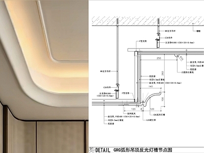 GRG吊顶节点 GRG弧形吊顶 GRG弧形灯槽 吊顶反光灯槽节点 轻钢龙骨吊顶
