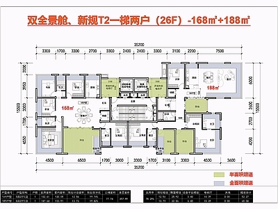 高层住宅 T2豪宅大平层 一梯两户 168户型 188户型 新规双全景舱
