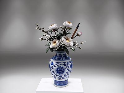 中式花瓶 青花花瓶 文房 插花 雅致摆件 AIGC