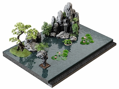 日式假山水景 植物景观 水池 水钵 庭院水景