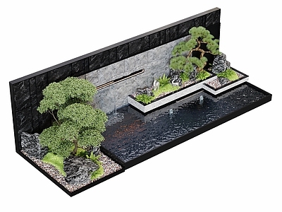 新中式景观庭院 庭院水景 水池 植物景观