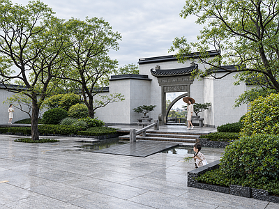 庭院 中式水景庭院 新中式组合景墙 中式月洞门水景 中式仿古门洞景墙