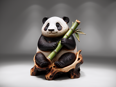 中式雕塑摆件 根雕熊猫抱竹 根雕 景观小品 动物美陈 AIGC