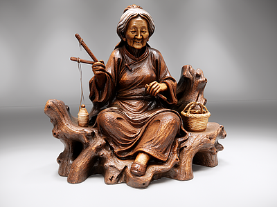 中式雕塑摆件 根雕老妪纺线 根雕摆件 景观小品 AIGC 木质雕塑