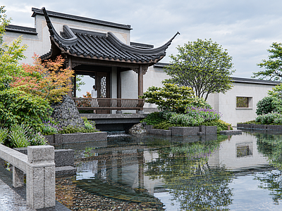 亭子 中式景墙仿古景亭 中式水景庭院栏杆 中式木构景亭 歇山飞檐景亭