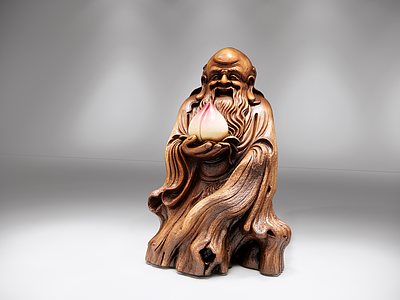 中式雕塑摆件 根雕寿星捧桃 根雕摆件 AIGC 木质雕塑 景观小品