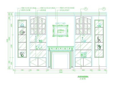 设计说明 壁炉柜体对称立面 石材成品壁炉居中 璃柜门与开放展示 彩色玻璃装饰展示 胡桃木夹板整墙