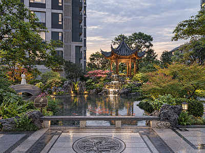 庭院 中式跌水水景庭院 中式木构仿古景亭 六角飞檐景观亭