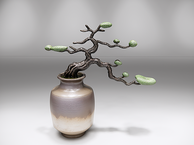 新中式绿植摆件 花瓶 陶瓶松枝 禅意 插花 AIGC