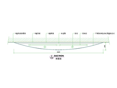 灯具图库 弧形吊顶剖面 曲面灯槽款式 木龙骨镜板材质 内嵌灯具构造 天花节点图纸