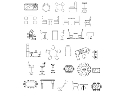 家具图库 现代餐桌椅图集 简约办公桌椅图集 室内家具构件图 家具平面线稿