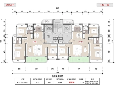 四居 T2小高层户型 125平宽厅三房 大面宽小进深户型 54m以下小高层
