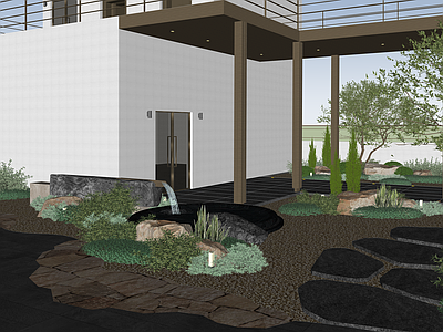 新中式景观别墅庭院 天台 廊架 休闲平台 汀步