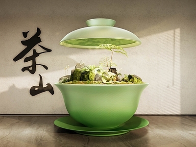 新中式文旅美陈 盖碗茶文旅美陈 植物造景微景观 茶室盆景摆件 盖碗茶植物小品 国风美学景观小品