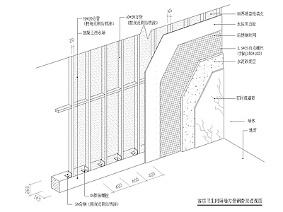 隔断节点 客房卫生间隔墙 方管钢骨架透视图