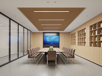 现代简约会议室 会议室桌椅组合 展示柜 高隔间