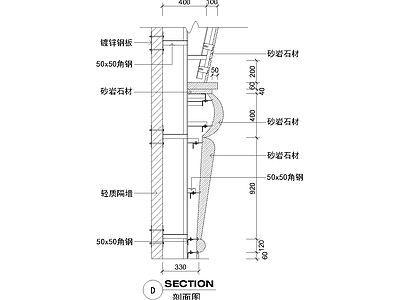 其他节点详图 简欧砂岩景墙节点 景墙剖面详图 景墙施工大样 角钢干挂构造节点