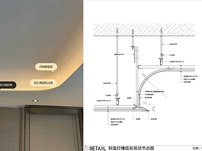吊顶节点 斜边灯槽圆弧吊顶 GRG弧形吊顶 圆弧吊顶造型节点 轻钢龙骨吊顶